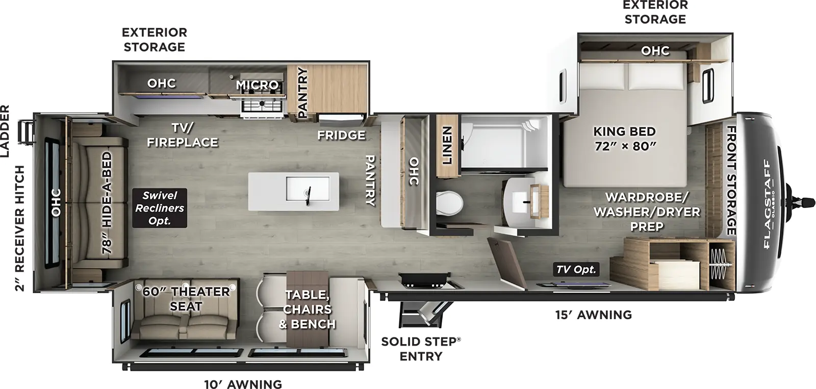 The Flagstaff Classic Travel Trailers 832IKRL floorplan has one entry and three slide outs. Exterior features include: fiberglass exterior and 10' & 15' awning. Interiors features include: kitchen island, front bedroom and rear living.
